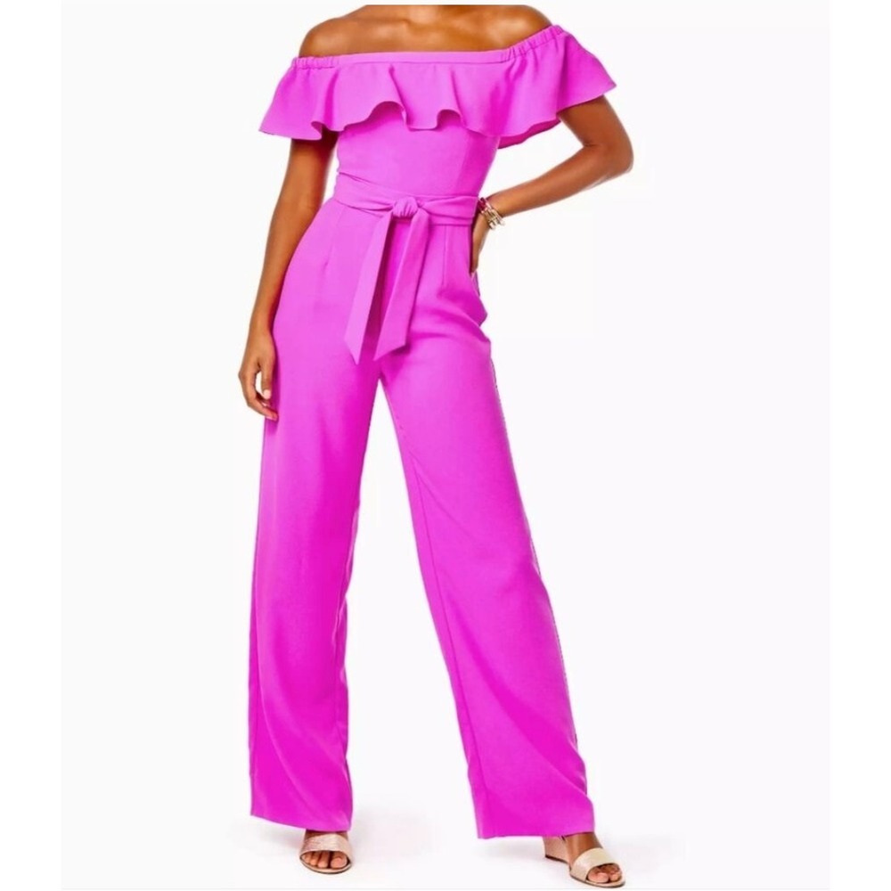 Lilly Pulitzer Jood Off The Shoulder Jumpsuit in Wild Fuchsia Pink sz 14